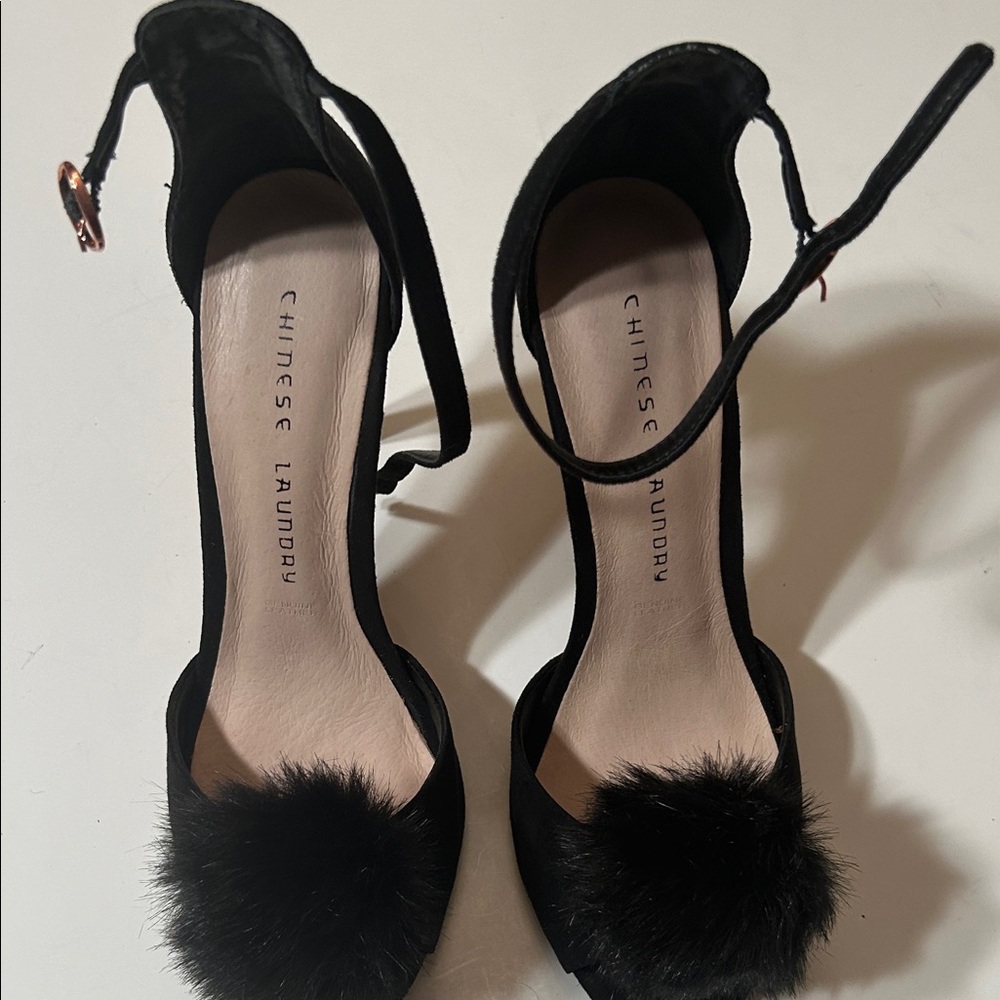 Chinese Laundry Black Heels with Fluffy Accent